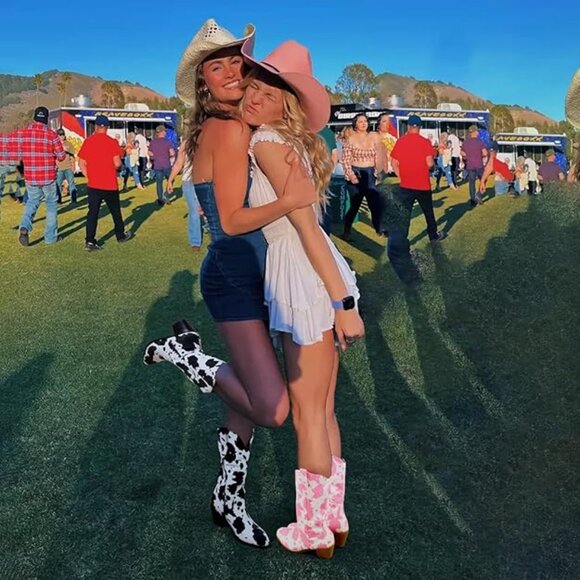 NEW! Women Mid Calf Cowboy Boots Chunky Heel Half Boot Cow Print Western Boots - Picture 4 of 7